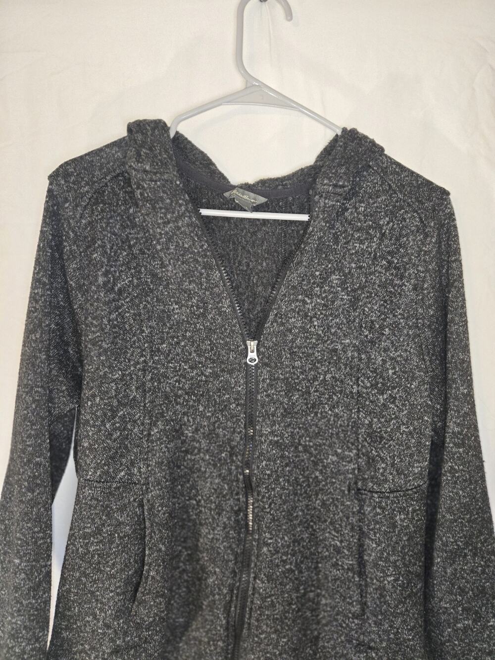 Eddie Bauer US Womens Size L Zip Front Fleece Hood Jacket Grey Speckle Warm EUC